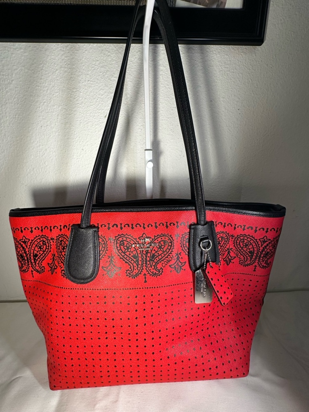 Coach Red Butterfly-Bandana Polka Dot Black Taxi Tote Bag 36357